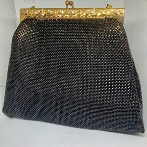 Vintage Whiting and Davis Black Mesh Rhinestones Kiss Lock Top Handled Bag